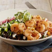 Cauliflower & Quinoa Power Bowl With Shrimp · Roasted barbacoa cauliflower | Peruvian quinoa + brown rice | black beans | corn + fire-roas...