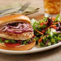 Enlightened Turkey Burger · All-white-meat patty | baby field greens | red wine vinaigrette | dried cranberries | tomato...