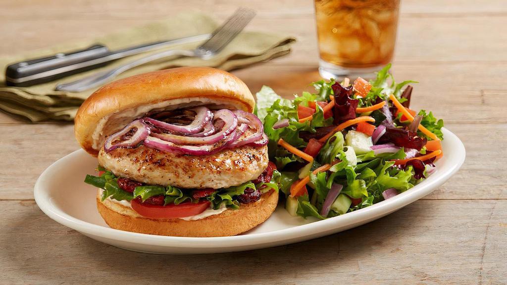Enlightened Turkey Burger · All-white-meat patty | baby field greens | red wine vinaigrette | dried cranberries | tomatoes | chargrilled red onions | dijon mayonnaise |  toasted parker house bun | mixed greens salad