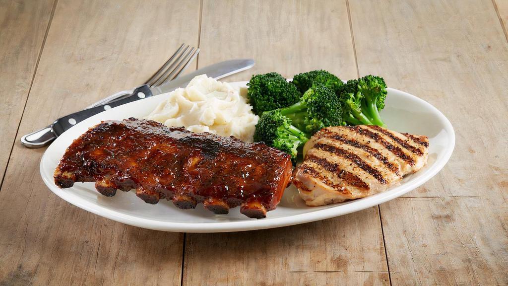 Baby Back Ribs & Grilled Chicken Combo · Half rack of baby back pork ribs glazed with BJ's Peppered BBQ sauce | seasoned grilled chicken breast | choice of two signature sides