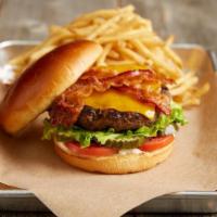 Bacon Cheeseburger* · Fire-grilled beef patty | applewood smoked bacon | cheddar cheese | tomatoes | lettuce | dil...