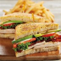 California Chicken Club Sandwich · Seasoned grilled chicken | applewood smoked bacon | avocado | melted swiss cheese | lettuce ...
