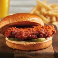 Nashville Hot Crispy Chicken Sandwich · Crispy fried chicken | Nashville Hot sauce | dill pickles | creamy ranch | toasted parker ho...