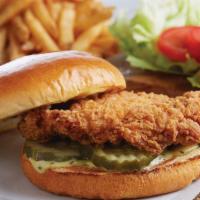 Bj'S Classic Crispy Chicken Sandwich · Crispy fried chicken | honey mustard | lettuce | tomatoes | dill pickles | toasted parker ho...