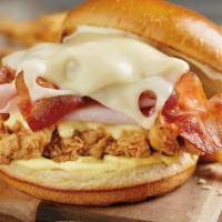Southern Comfort Crispy Chicken Sandwich · Crispy fried chicken | smoked ham | applewood smoked bacon | creamy alfredo | swiss cheese |...