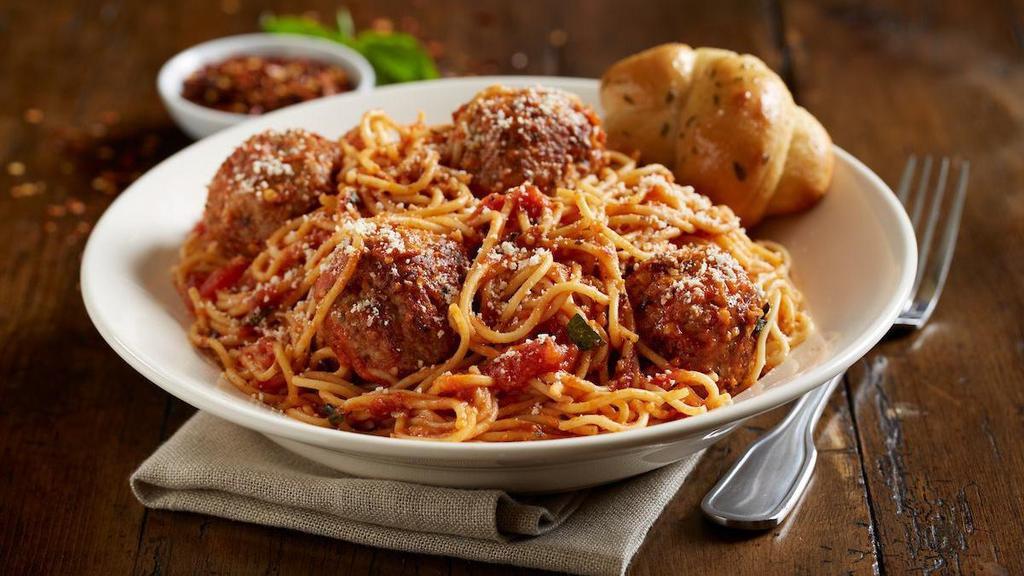 Jumbo Spaghetti And Meatballs · Housemade meatballs | San Marzano marinara | garlic | red pepper flakes | fresh basil | parmesan cheese | served with a garlic knot