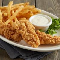 Chicken Tenders · Fried chicken tenders | creamy ranch dressing | served with a kids' side and a drink