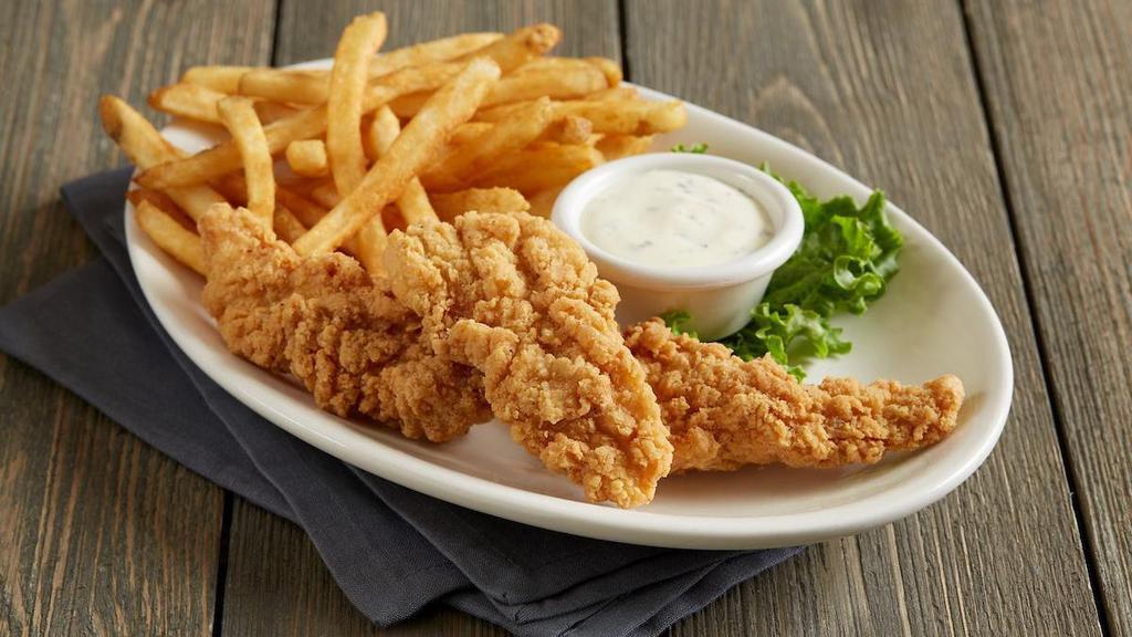 Chicken Tenders · Fried chicken tenders | creamy ranch dressing | served with a kids' side and a drink
