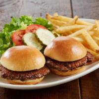 Kids' Mini Burgers · Two mini burgers | lettuce | tomatoes | dill pickles | served with a kids' side and a drink