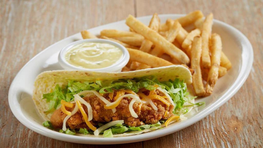 Kids' Taco · Crispy Chicken | shredded lettuce | cheese| served with a kids' side and a drink