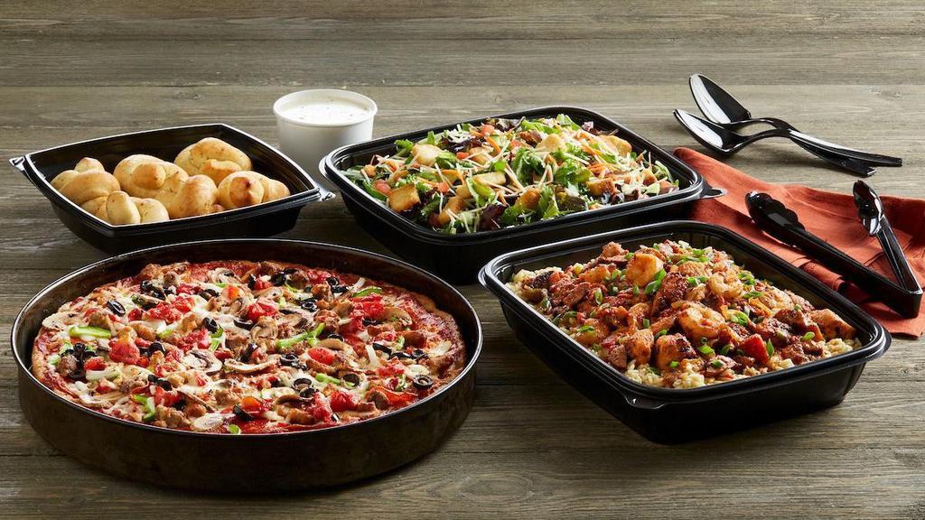 Specialty Entree Feast · 1 Large Deep Dish Pizza | 1 Entree | 1 Salad | 6 Garlic Knots                                                                          Serves up to 6