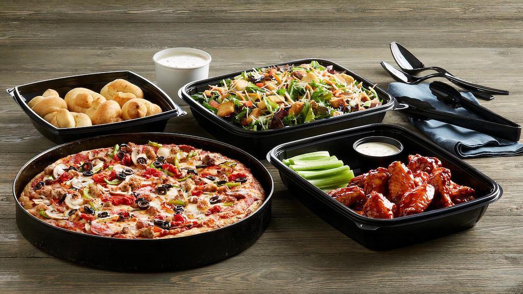 Wings Feast · 1 Large Deep Dish Pizza | 1 Wings Platter | 1 Salad | 6 Garlic Knots                                                                                             Serves up to 6