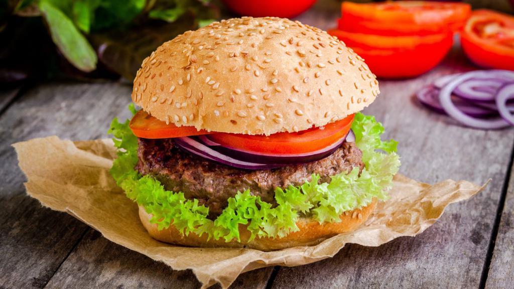 Halal Hamburger · Fresh 100% angus halal beef patty with lettuce, tomatoes, onions, pickles and chef's special sauce.