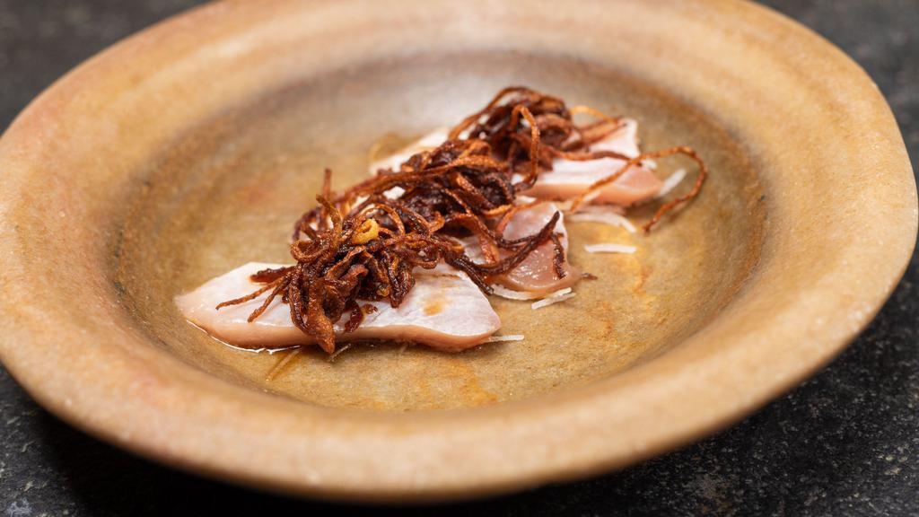 Tataki of Albacore · 6 Pieces of seared albacore with crispy fried onions