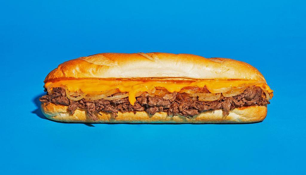 Classic Cheesesteak · Sliced steak with melted provolone and grilled onions on a hoagie roll.