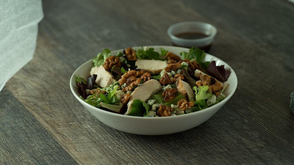 Chicken Walnut Salad · Mixed Baby Greens, candied walnuts, chicken, gorgonzola with our own Balsamic dressing