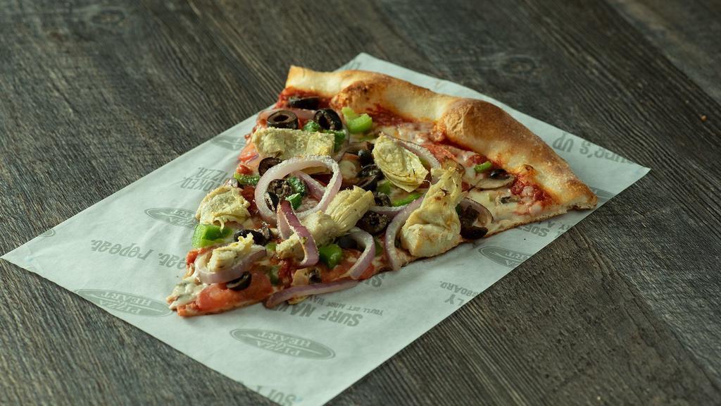 Veggie · Roma tomatoes, mushrooms, red onions, black olives, bell peppers,and marinated artichoke hearts.