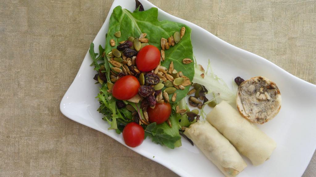 Savory & Side Salad · Veggie rolls (2*) and mini tarlet served with season side salad tossed in home dressing