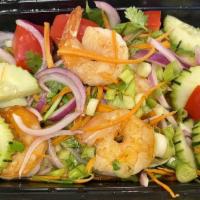 Grilled Prawn Salad · Grilled Prawn, Red Onion, Cilantro, Carrot, Lettuce, Tomato, Lemongrass mixed with Lime Dres...