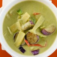 Green Curry · Spicy. Coconut Milk, Bamboo Shoot, Bell Pepper, Eggplant and Basil.
