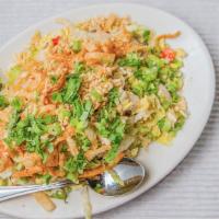 Chinese Chicken Salad · Chicken, napa cabbage, romaine lettuce, cucumber, peanuts, crispy won-ton, green onion, cila...