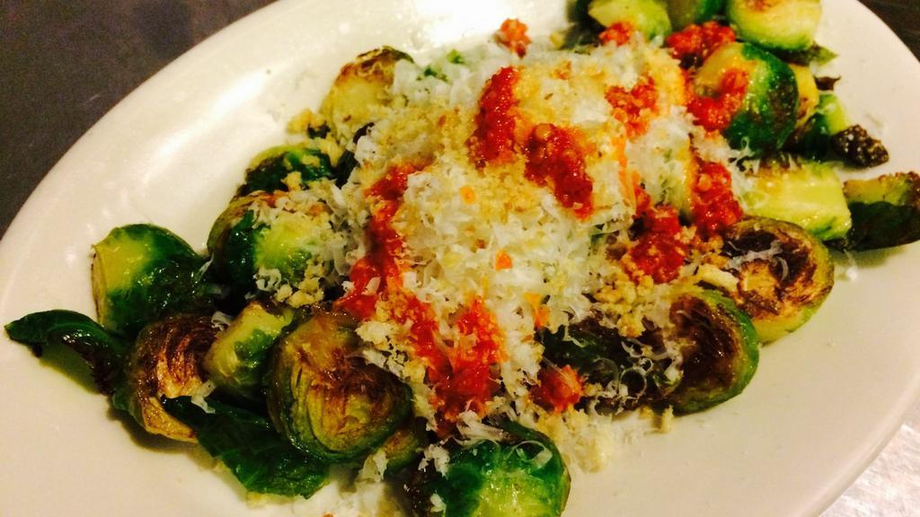 Organic Brussels Sprouts · Parmesan, garlic bread crumbs, Calabrian chile.
