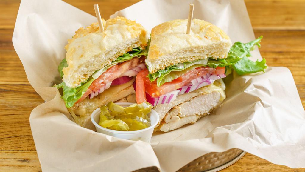 Grilled Chicken Breast Burger · Grilled chicken breast, onions, Provolone cheese, tomatoes, and lettuce.