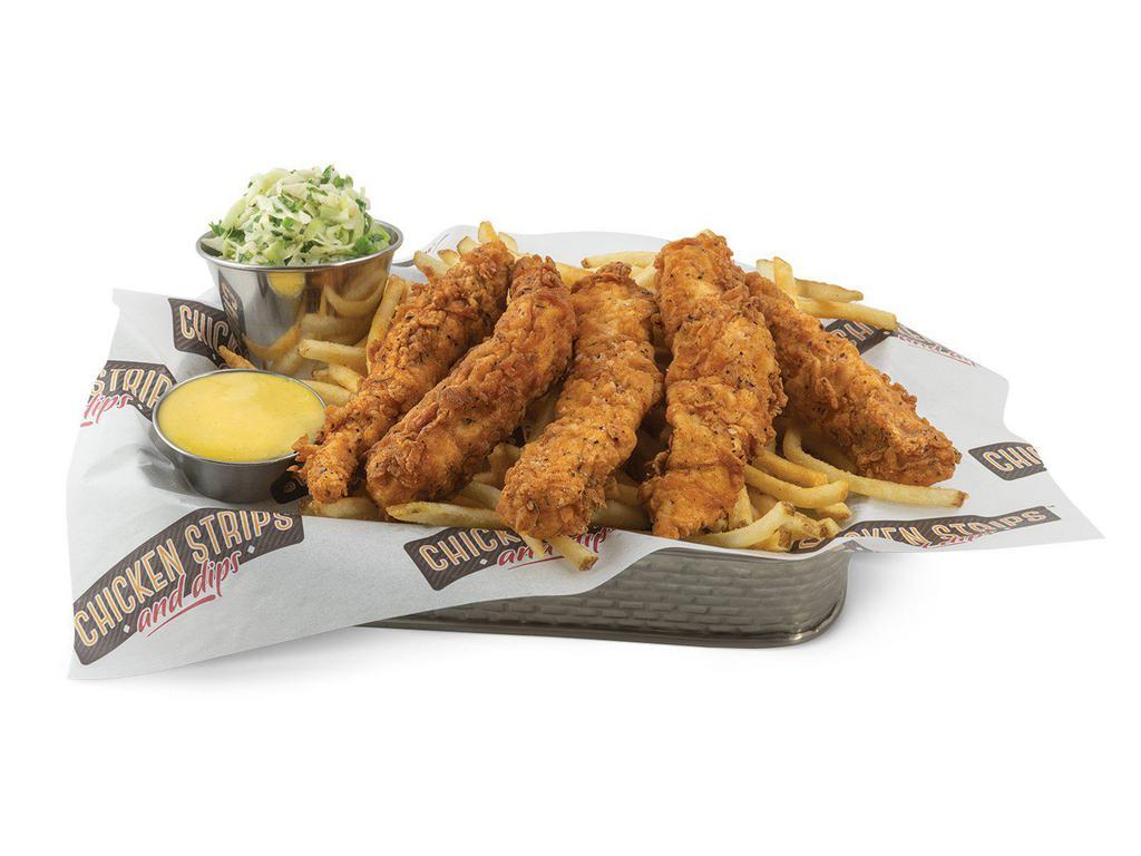 5 Chicken Tender Strip Meal · 5 chicken tender strips, shoestring fries or tater tots, coleslaw and your choice of 2 dipping sauces.