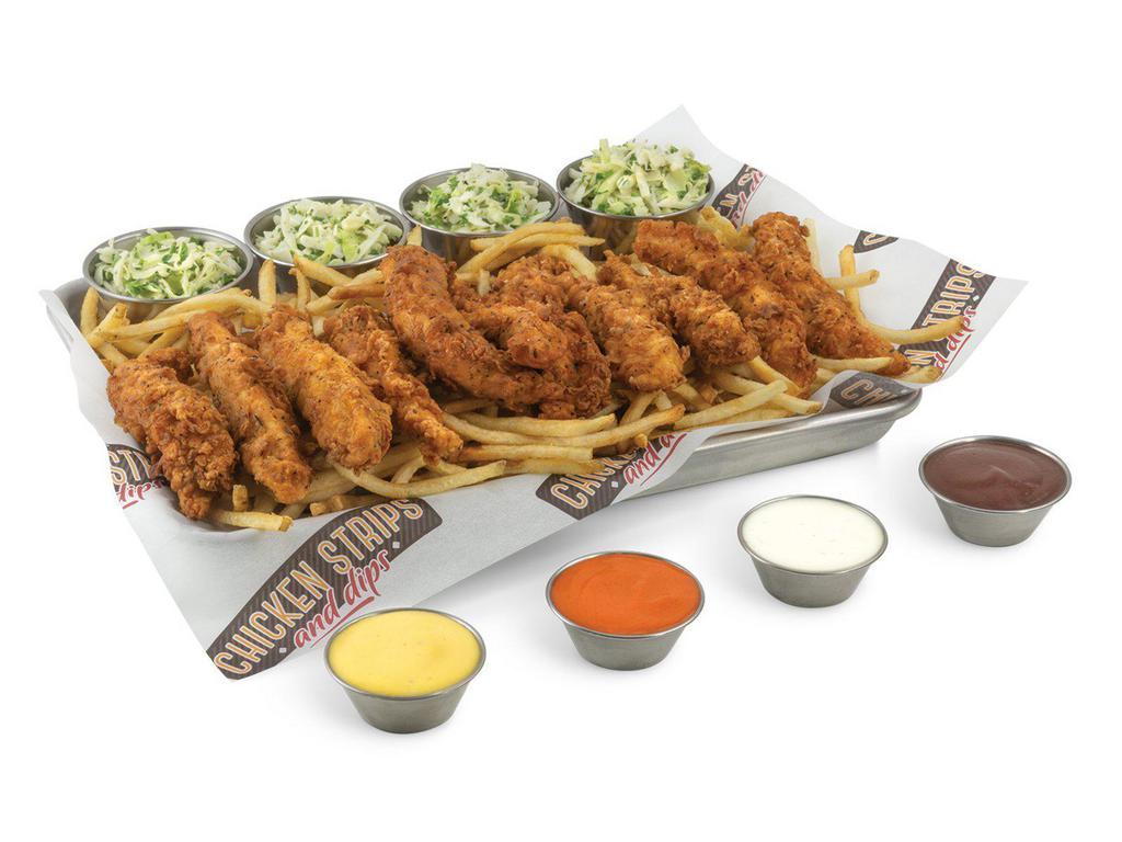 Family Meal · 12 chicken tender strips, shoestring fries, 4 sides of coleslaw and your choice of 4 dipping sauces. Serves 4.