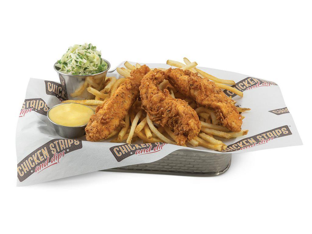 3 Chicken Tender Strip Meal · 3 chicken tender strips, shoestring fries or tater tots, coleslaw and your choice of 1 dipping sauce.