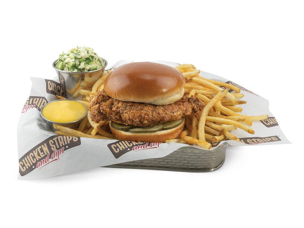 Southern Fried Chicken Sandwich Meal · Brioche bun with 6 oz. Southern fried chicken breast and pickles. Served with shoestring fries or tater tots, coleslaw and your choice of 1 dipping sauce.