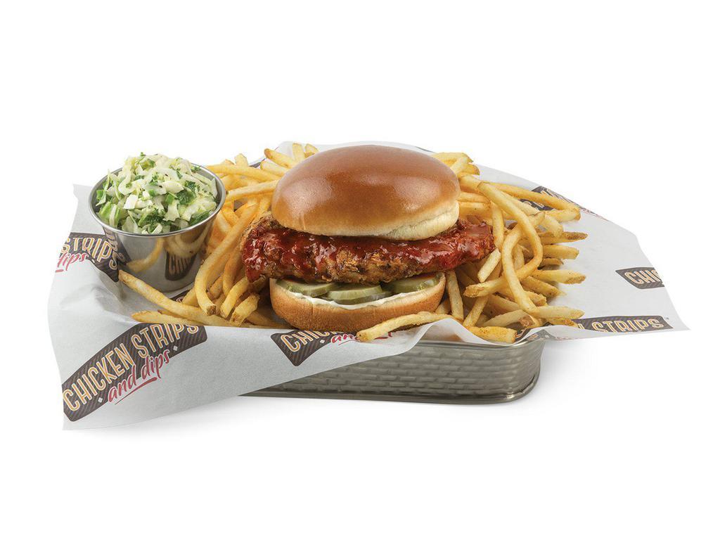 Nashville Hot Chicken Sandwich Meal · Brioche bun with pickles, mayonnaise and a 6 oz. Southern fried chicken breast topped with Nashville hot sauce. Served with shoestring fries or tater tots and coleslaw.