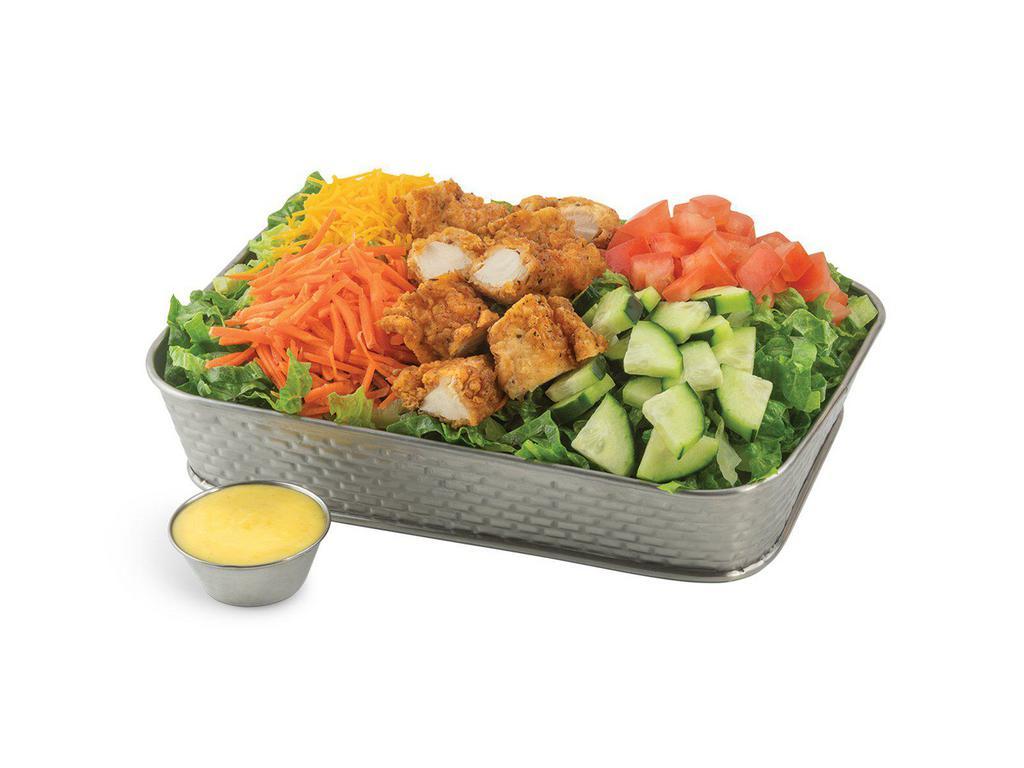 Chicken Tender Strip Salad Meal · Lettuce mix topped with diced tomatoes, carrots, cucumbers, shredded cheese and 2 diced chicken tender strips. Served with a side of honey mustard or buttermilk ranch.