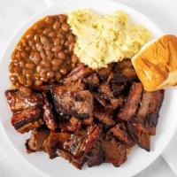 3-Way: Ribs, Beef Brisket, Links · Ribs, beef brisket and links ,two 8oz sides, bread.