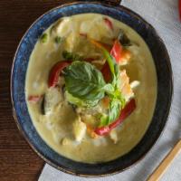 Green Curry · Thai green curry with coconut milk, bell peppers, eggplant, green beans, carrot, zucchini, b...