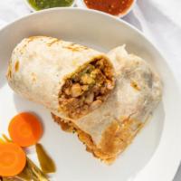 Regular Burrito · Beans, rice, choice of meat, onions, cilantro, and your choice of salsa.