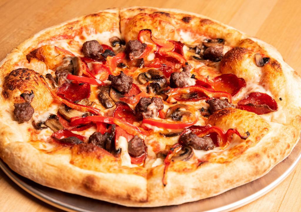 Discolandia Special Pizza · Beef Pepperoni, house made beef sausage, mushrooms and bell peppers with tomato sauce.