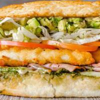 Adam Richman · Fried Chicken, Ham, Pesto, Real Honey, Avocado, Swiss. All sandwiches are served hot with di...