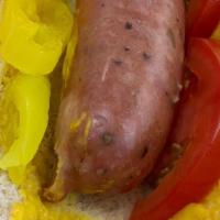 Chicken Apple Sausage · Chicken apple sausage with mustard, relish, onions, and tomatoes.