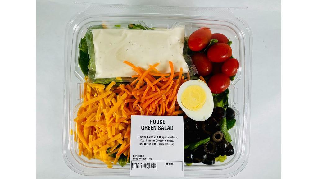 House Salad 16.5 Oz. · Romaine Salad with Grape Tomatoes, Egg, Cheddar Cheese, Carrots and Olives with Ranch Dressing
