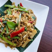 Basil Fried Rice / ข้าวผัดขี้เมา · Wok fried rice with basil leaves, bell peppers, bamboo shoots, onions green beans, chili and...