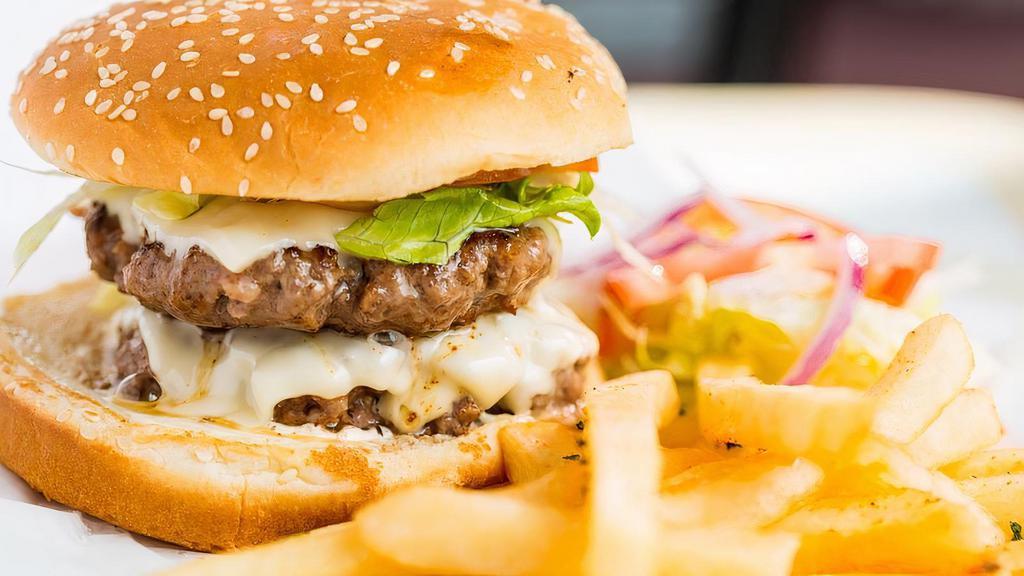 Double Cheeseburger · Harris Ranch, HFSSA approved zahiba, 2 ground angus beef patty, lettuce, tomatoes, onions & mayo and American or Swiss cheese.