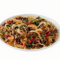 Japchae · Glass noodles, red pepper, carrots, onions, spinach, mushroom, sesame seeds and sliced marin...