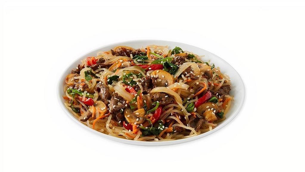 Japchae · Glass noodles, red pepper, carrots, onions, spinach, mushroom, sesame seeds and sliced marinated ribeye stir-fried with Soy Garlic sauce and sesame oil. 887 cal.