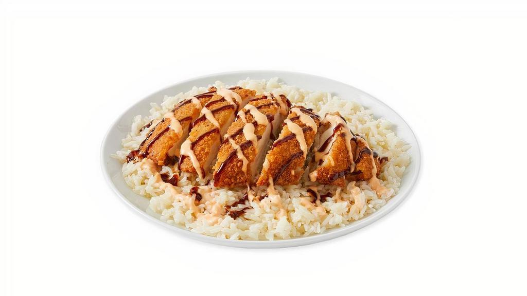 Chicken Katsu · Breaded chicken cutlet served with steamed rice, and drizzled with katsu sauce and spicy mayo. Served with coleslaw on the side. 1319 cal.