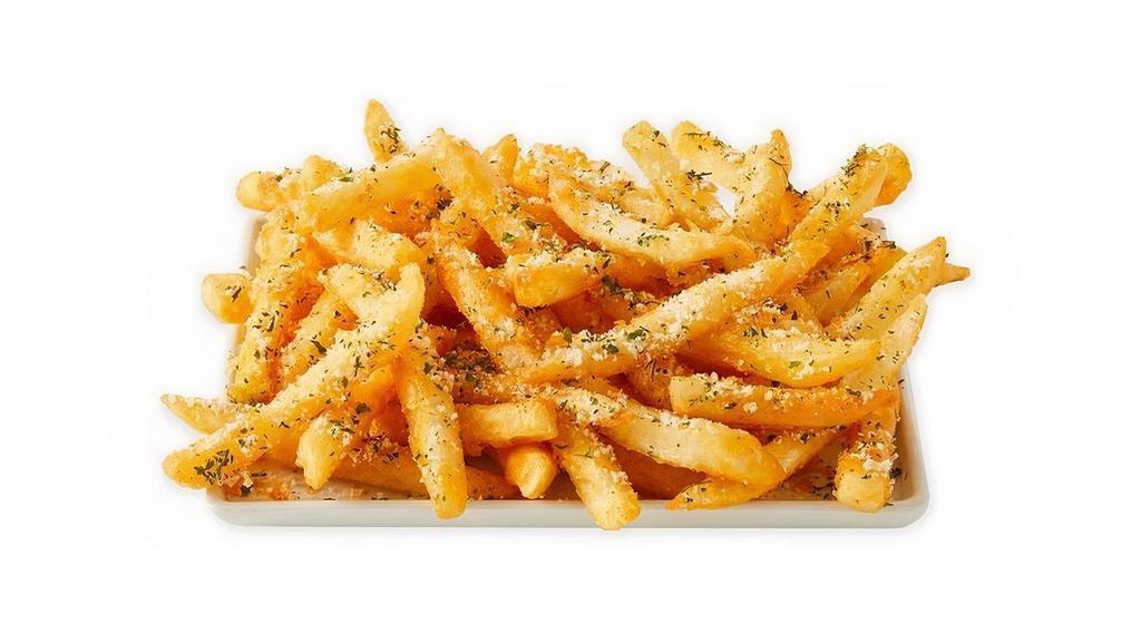 Seasoned French Fries · French fries topped with a garlic seasoning, parmesan cheese, and parsley flakes. 430 cal.