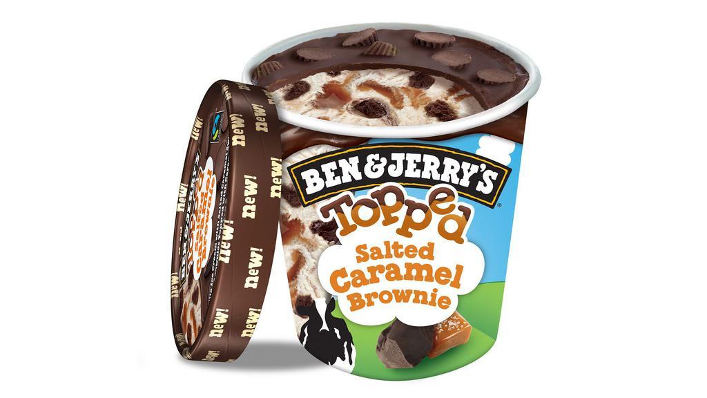 Ben & Jerry'S Topped Salted Caramel Brownie · Ben & Jerry's Vanilla ice cream with salted caramel swirls & fudge brownies topped with caramel cups and topped with chocolate ganache. 15.2 oz.
