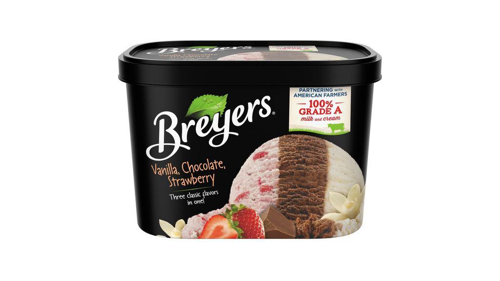 Breyers Vanilla Chocolate Strawberry 48 Oz · Vanilla ice cream, chocolate ice cream, strawberry ice cream. All in one?! Oh my! The Breyers take on the classic Neapolitan ice cream is the best of three worlds. 48 oz - a great size for the whole family.