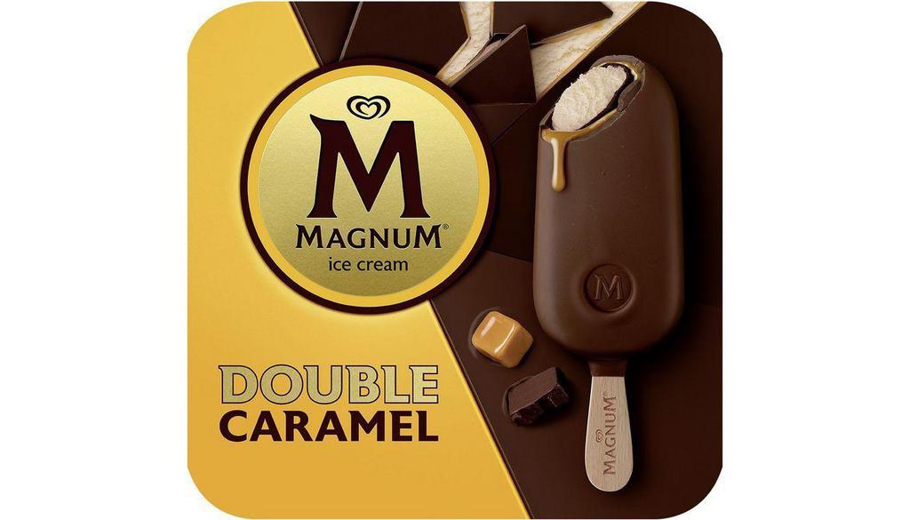 Magnum Double Caramel Ice Cream Bars 3Ct · A sweet delight featuring two layers of decadent chocolate. Velvety Madagascan vanilla bean ice cream is dipped in a gooey chocolatey coating, followed by a rich caramel sauce and covered again in a cracking milk chocolate shell. Made with Belgian chocolate. 3 bars in a box.
