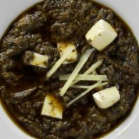 42. Palak Paneer · Spinach cooked with homemade cheese cubes.